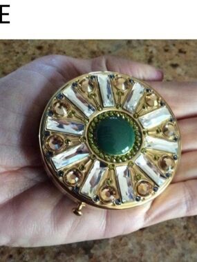 Estee Lauder Gold Compact with Green Center and Clear Gem Accents